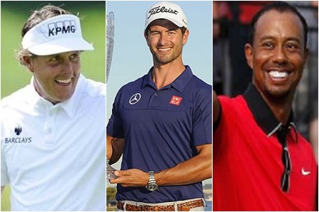 De izqda. a dcha., Phil Mickelson, Adam Scott y Tiger Woods