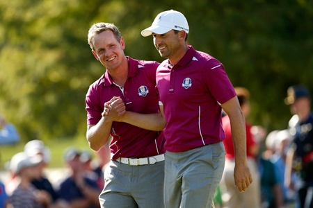 Luke Donald y Sergio García, durante un partido de la Ryder Cup. Foto Getty Images