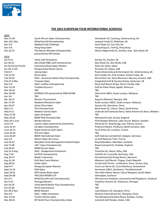 2014 European Tour International Schedule Final