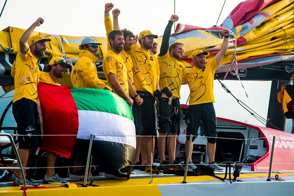 April 05, 2015. Abu Dhabi Ocean Racing, winner of Leg 5 arriving to Itajaí.