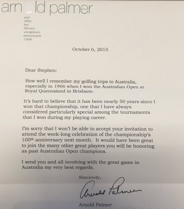 Carta Arnold Palmer. Foto: @AusOpenGolf 