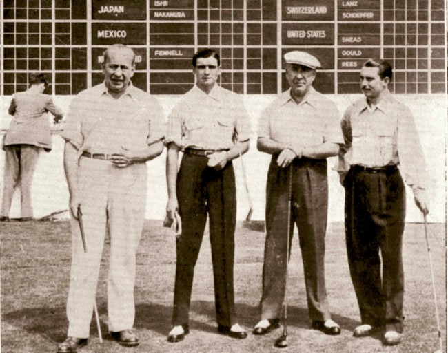 1954. Primera representación española en la Copa de Canada (Copa del Mundo de Golf) Los jugadores Sebastián Miguel “El Duque” y Carlos Celles “Carlines” (Segundo y cuarto de izquierda a derecha).