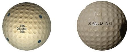 Izquierda: Bola COLONEL 155 fabricada en 1931 por St. MUNGO MANUFACTURING Co, coincidiendo con la regulación de la USGA a 1.68 pulgadas. Obsérvese la inscripción 1.68 debajo de la marca. Derecha: Bola SPALDING de finales de los años 1940’s, también del tipo grande de 1.68