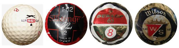 Algunos tipos de bola pequeña de los años 1950’s y 1960’s de los principales fabricantes británicos. Fíjese la anotación 1.62 en algunos de los envoltorios