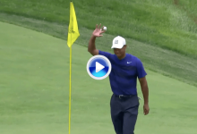 Tiger Woods desató la locura con un eagle desde la calle antes de la suspensión de la jornada (VÍDEO)