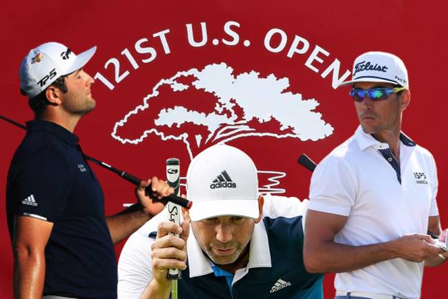 Bandera US Open 2021 Torrey Pines Jon Rahm, Sergio García y Rafa Cabrera