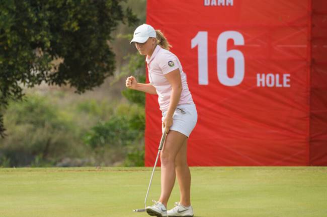 Maja Stark of Sweden celebrates a birdie on the 16th hole during the final round
