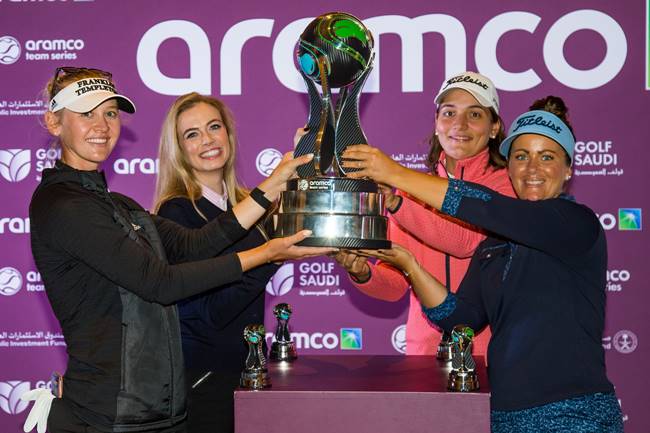 Jessica Korda (left) captained her team (pictured) to victory at last year's Aramco Team Series New York