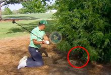 Harrington salvó el par jugando de rodillas a lo Seve y Tiger con la bola debajo de un árbol