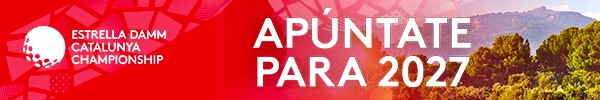 Promotional banner for the Estrella Damm Catalunya Championship with a 'APÚNTATE PARA 2027' call to action, logo on the left, and a trio of athletes on the right.