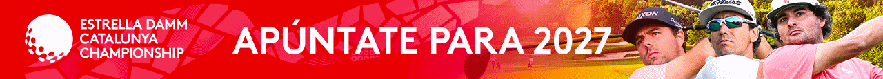 Promotional banner for the Estrella Damm Catalunya Championship with a 'APÚNTATE PARA 2027' call to action, logo on the left, and a trio of athletes on the right.