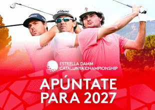 Promotional banner for the Estrella Damm Catalunya Championship with a 'APÚNTATE PARA 2027' call to action, logo on the left, and a trio of athletes on the right.