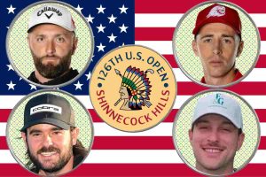 Four golfers’ faces in circular frames around a central 126th U.S. Open Shinnecock Hills emblem on an American flag background.