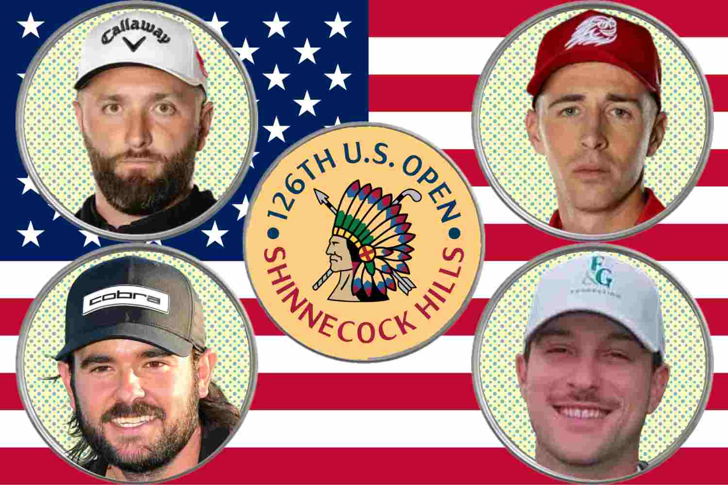 Four golfers’ faces in circular frames around a central 126th U.S. Open Shinnecock Hills emblem on an American flag background.