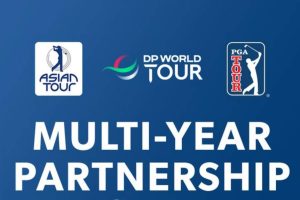 Blue background featuring the Asian Tour, DP World Tour, and PGA Tour logos with the bold text 'MULTI-YEAR PARTNERSHIP' announcing a long-term collaboration.